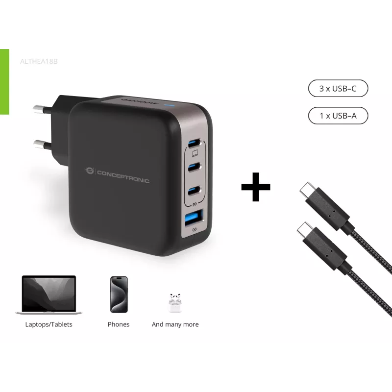 Conceptronic 4-Port 100W GaN USB PD Ladegerät mit USB-C Ladekabel, USB-C x 3, USB-A x 1, QC 3.0, PPS