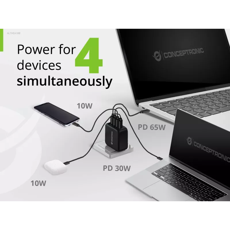 Conceptronic 4-Port 100W GaN USB PD Ladegerät mit USB-C Ladekabel, USB-C x 3, USB-A x 1, QC 3.0, PPS
