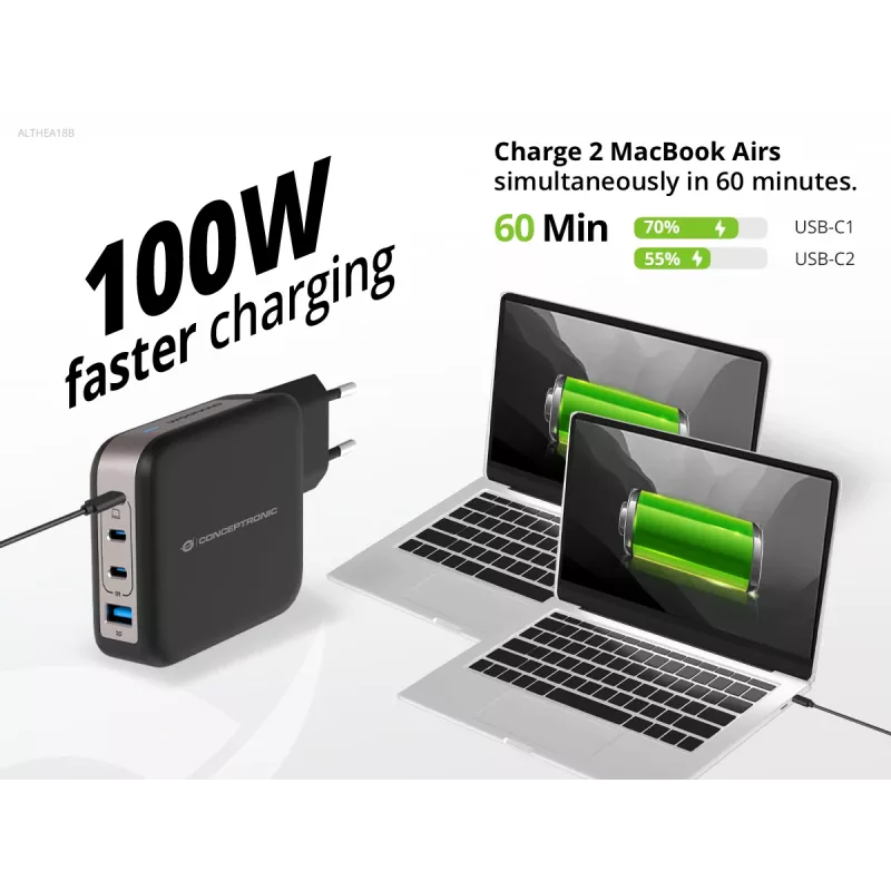 Conceptronic 4-Port 100W GaN USB PD Ladegerät mit USB-C Ladekabel, USB-C x 3, USB-A x 1, QC 3.0, PPS