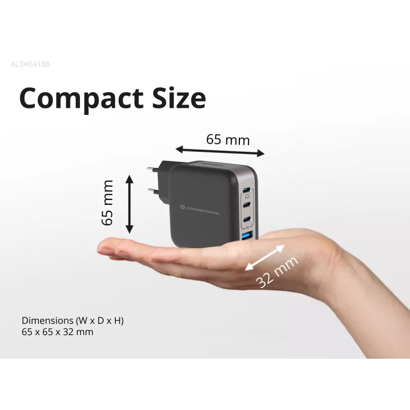 Conceptronic 4-Port 100W GaN USB PD Ladegerät mit USB-C Ladekabel, USB-C x 3, USB-A x 1, QC 3.0, PPS