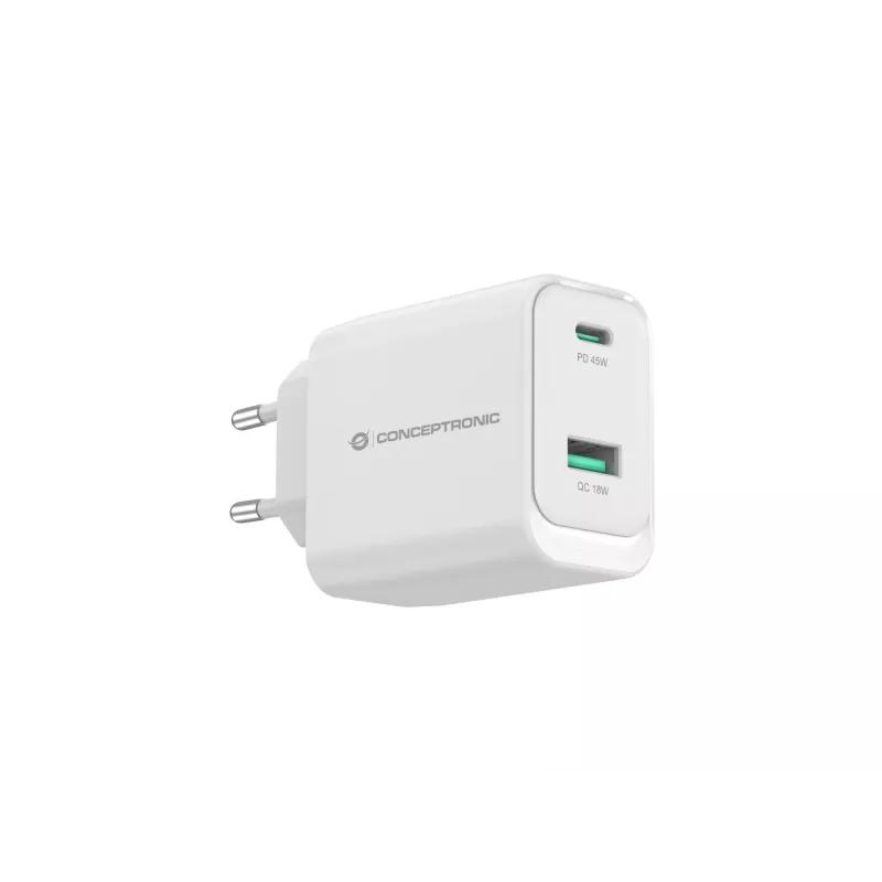 Conceptronic ALTHEA20W45 2-Port 45W GaN USB PD Ladegerät, USB-C x 1, USB-A x 1, QC 3.0, PPS, PD 3.0