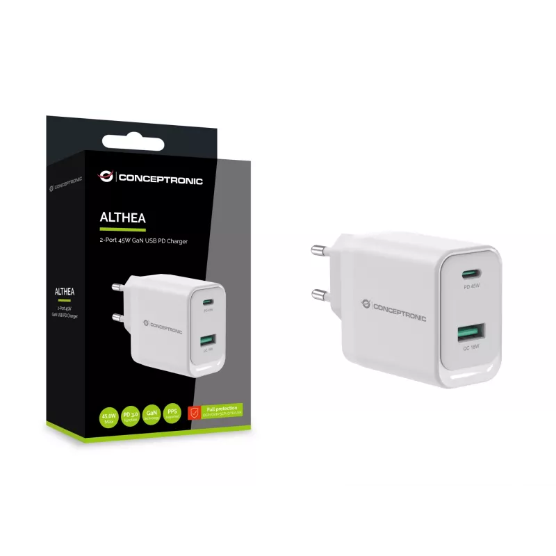 Conceptronic ALTHEA20W45 2-Port 45W GaN USB PD Ladegerät, USB-C x 1, USB-A x 1, QC 3.0, PPS, PD 3.0