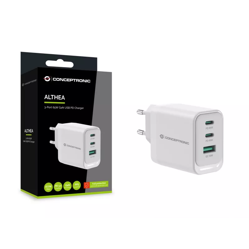 Conceptronic ALTHEA21W65 3-Port 65W GaN USB PD Ladegerät, USB-C x 2, USB-A x 1, QC 3.0, PPS, PD 3.0