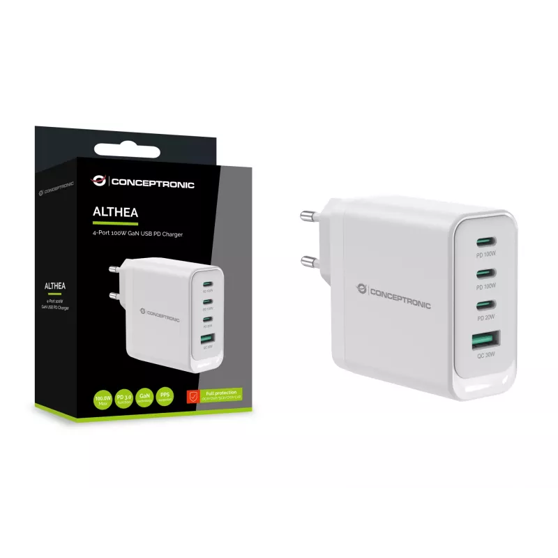 Conceptronic ALTHEA22W100 4-Port 100W GaN USB PD Ladegerät, USB-C x 3, USB-A x 1, QC 3.0, PPS, PD 3.0