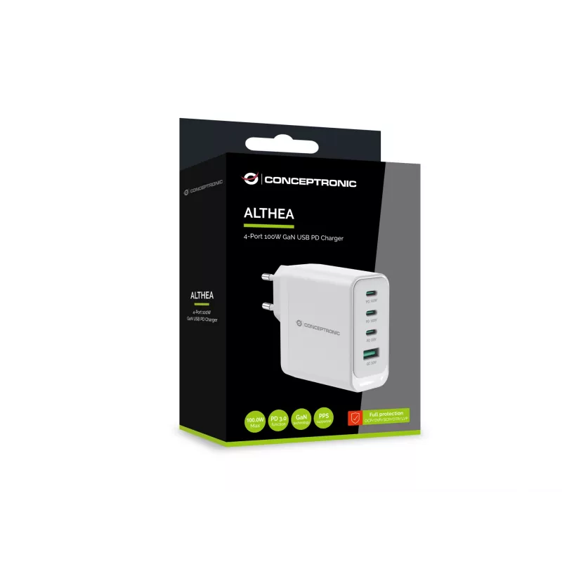 Conceptronic ALTHEA22W100 4-Port 100W GaN USB PD Ladegerät, USB-C x 3, USB-A x 1, QC 3.0, PPS, PD 3.0