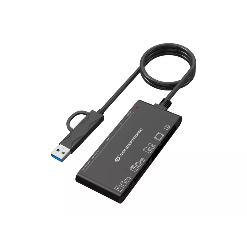 7-in-1 Kartenleser CONCEPTRONIC BIAN10B — USB 3.2 Gen 1 Typ-A/Typ-C, CF/MMC/MS/SD/MicroSD/xD, Schwarz