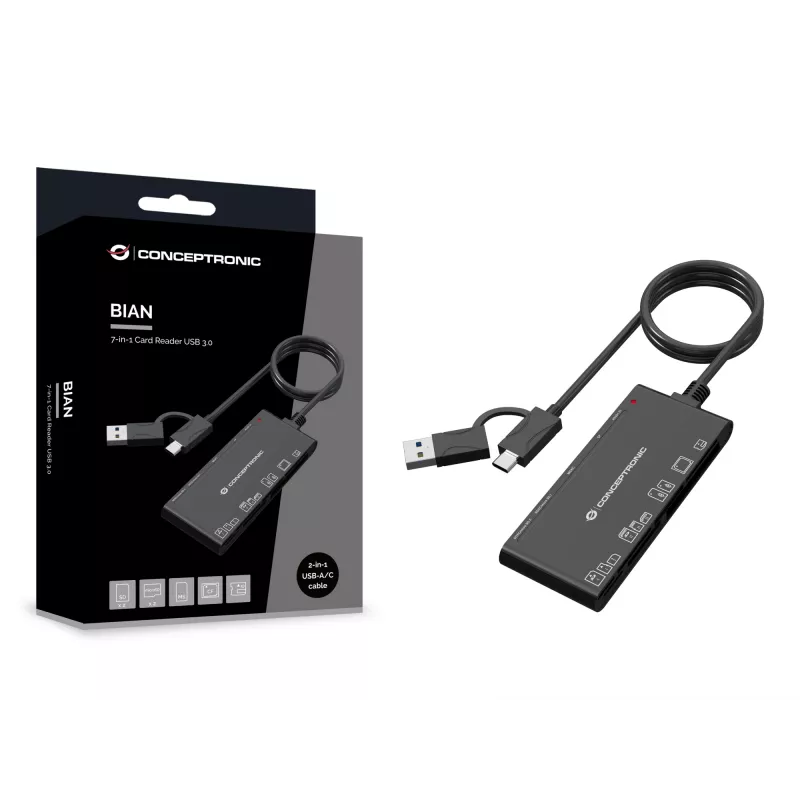 7-in-1 Kartenleser CONCEPTRONIC BIAN10B — USB 3.2 Gen 1 Typ-A/Typ-C, CF/MMC/MS/SD/MicroSD/xD, Schwarz