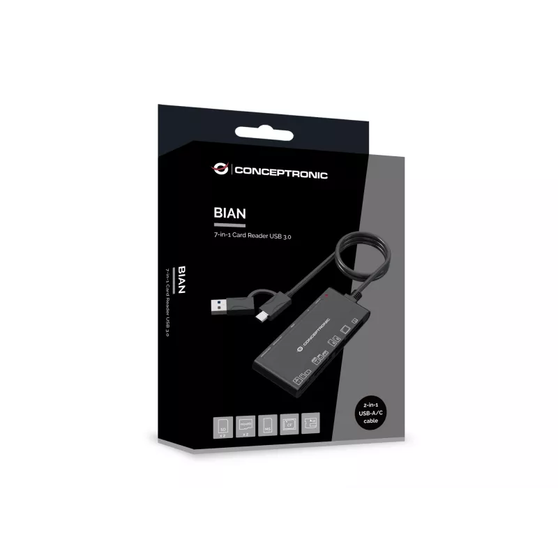 7-in-1 Kartenleser CONCEPTRONIC BIAN10B — USB 3.2 Gen 1 Typ-A/Typ-C, CF/MMC/MS/SD/MicroSD/xD, Schwarz