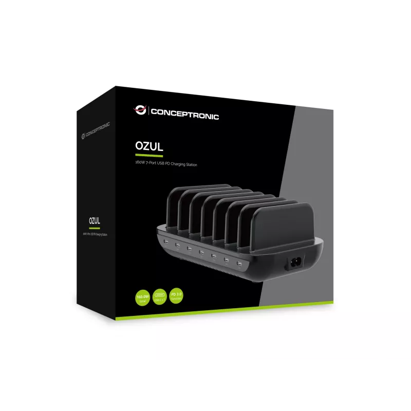 Conceptronic OZUL07B 160W 7-Port USB PD Ladestation, USB-C x 7, PD 3.0