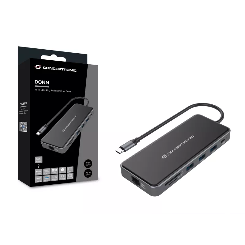 Conceptronic DONN15G Laptop-Dock/Port-Replikator Kabelgebunden USB 3.2 Gen 1 (3.1 Gen 1) Typ-C Grau