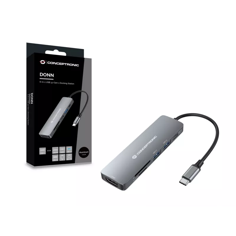 Conceptronic DONN11G 6-in-1 USB 3.2 Gen 1 Dockingstation, HDMI, 100W USB PD, USB 3.0, USB 2.0, SD, TF/MicroSD