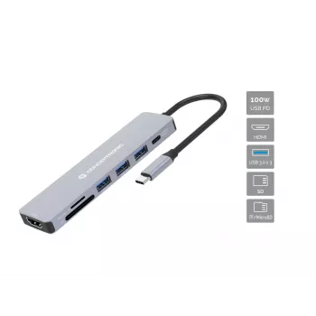Conceptronic DONN19G 7-in-1 USB 3.2 Gen 1 Dockingstation, HDMI, USB-A 3.0 x 3, SD, TF/MicroSD, 100W USB PD