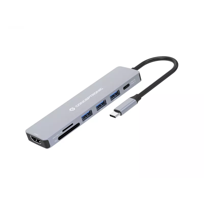 Conceptronic DONN19G 7-in-1 USB 3.2 Gen 1 Dockingstation, HDMI, USB-A 3.0 x 3, SD, TF/MicroSD, 100W USB PD