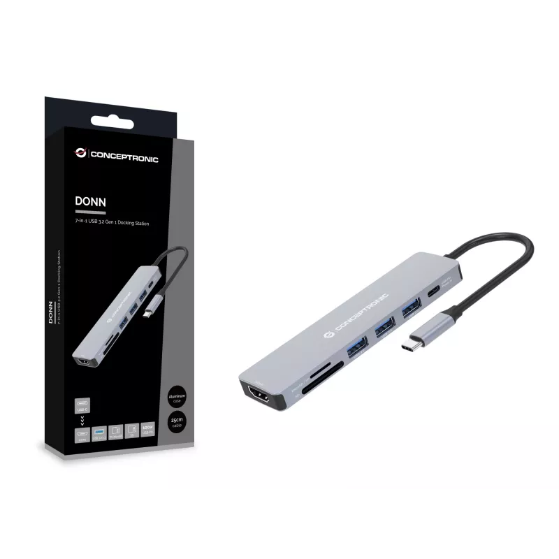 Conceptronic DONN19G 7-in-1 USB 3.2 Gen 1 Dockingstation, HDMI, USB-A 3.0 x 3, SD, TF/MicroSD, 100W USB PD