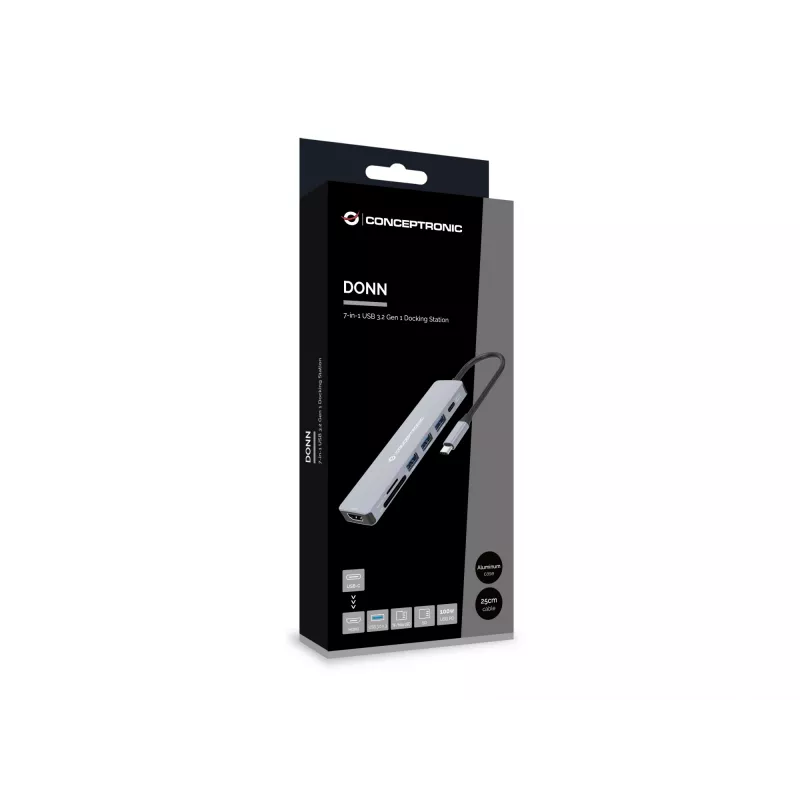 Conceptronic DONN19G 7-in-1 USB 3.2 Gen 1 Dockingstation, HDMI, USB-A 3.0 x 3, SD, TF/MicroSD, 100W USB PD