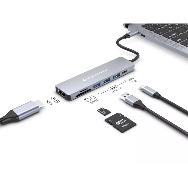 Conceptronic DONN19G 7-in-1 USB 3.2 Gen 1 Dockingstation, HDMI, USB-A 3.0 x 3, SD, TF/MicroSD, 100W USB PD
