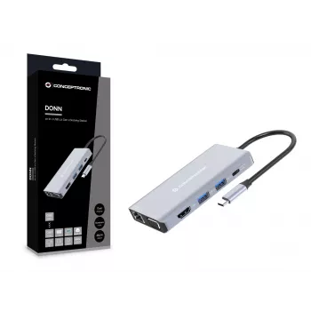 Conceptronic DONN20G 10-in-1 USB 3.2 Gen 1 Dockingstation, HDMI, VGA, USB-A 3.0 x 3, SD, TF/MicroSD, Audio, GbE LAN, 100W USB PD
