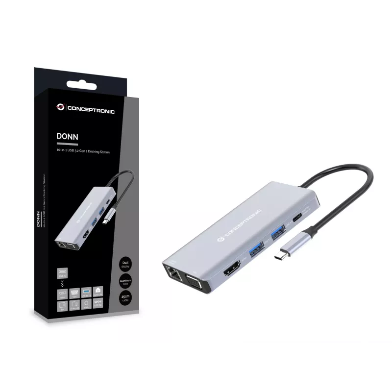 Conceptronic DONN20G 10-in-1 USB 3.2 Gen 1 Dockingstation, HDMI, VGA, USB-A 3.0 x 3, SD, TF/MicroSD, Audio, GbE LAN, 100W USB PD