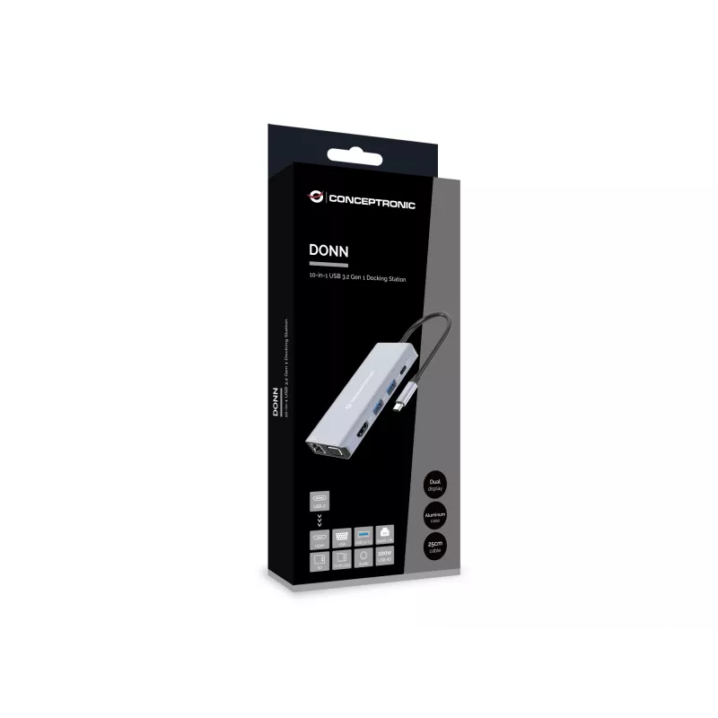 Conceptronic DONN20G 10-in-1 USB 3.2 Gen 1 Dockingstation, HDMI, VGA, USB-A 3.0 x 3, SD, TF/MicroSD, Audio, GbE LAN, 100W USB PD