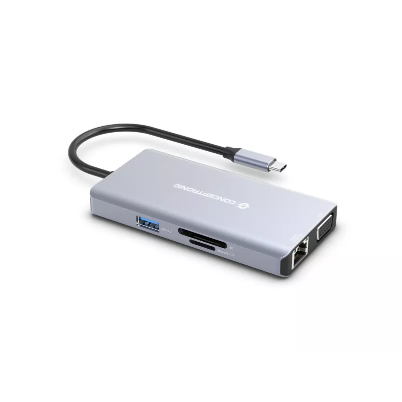 Conceptronic DONN20G 10-in-1 USB 3.2 Gen 1 Dockingstation, HDMI, VGA, USB-A 3.0 x 3, SD, TF/MicroSD, Audio, GbE LAN, 100W USB PD