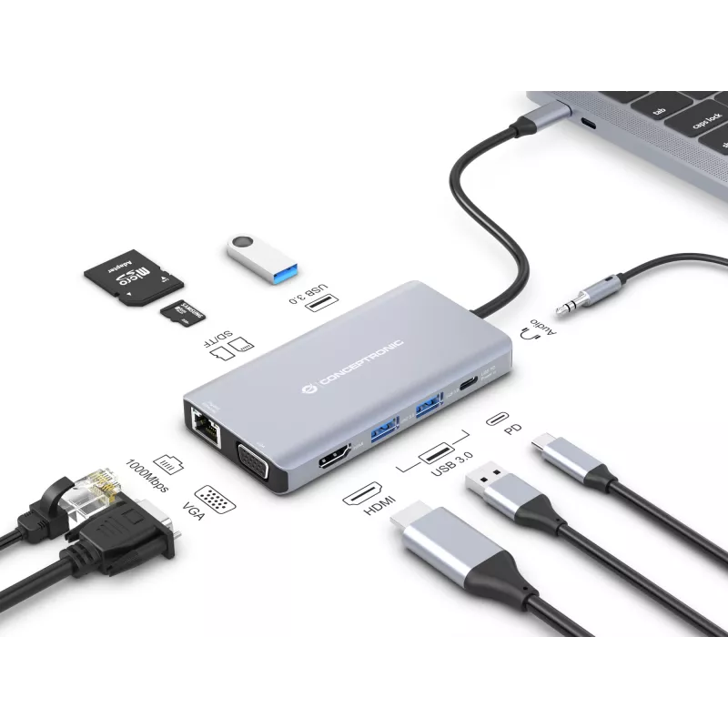 Conceptronic DONN20G 10-in-1 USB 3.2 Gen 1 Dockingstation, HDMI, VGA, USB-A 3.0 x 3, SD, TF/MicroSD, Audio, GbE LAN, 100W USB PD