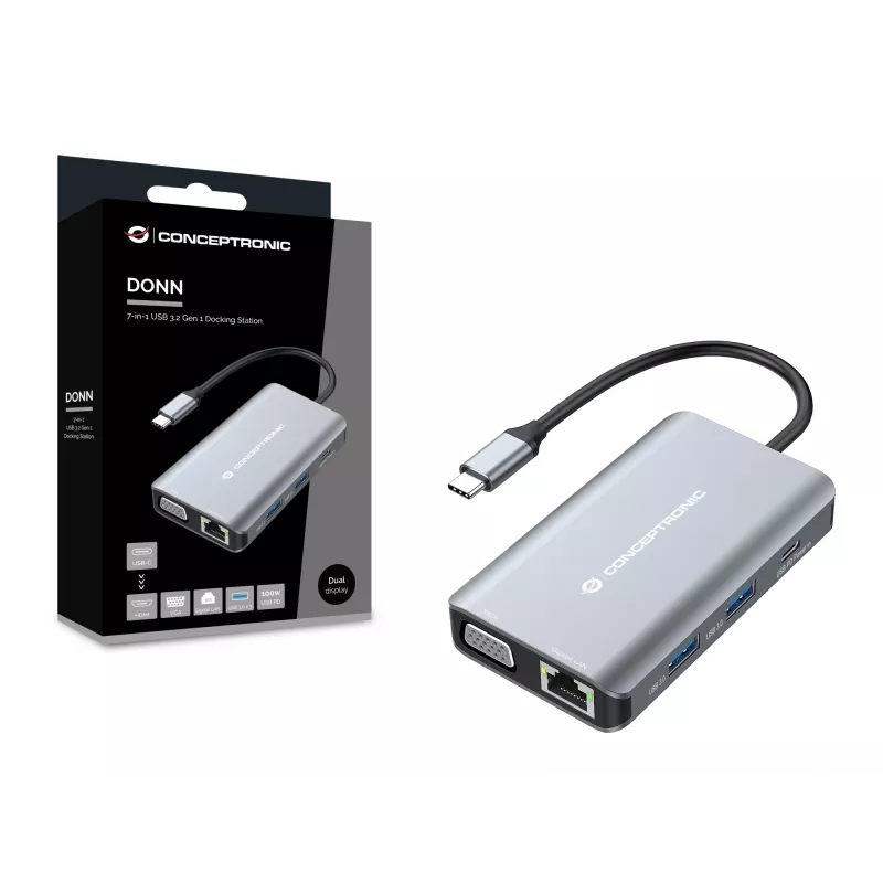 Conceptronic DONN21G Laptop-Dockingstation/Port-Replikator Kabelgebunden USB 3.2 Gen 1 (3.1 Gen 1) Typ-C Grau