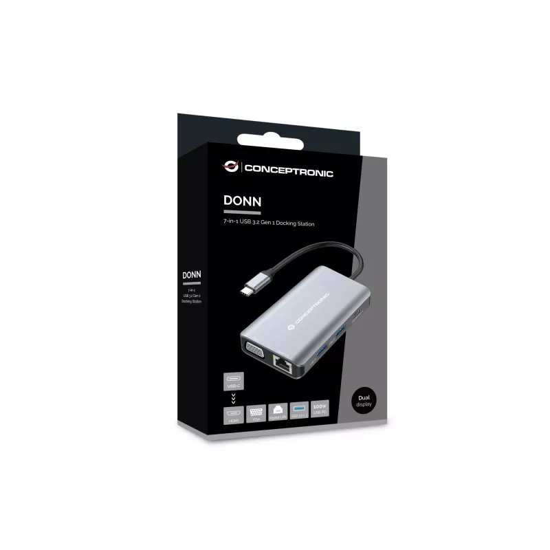 Conceptronic DONN21G Laptop-Dockingstation/Port-Replikator Kabelgebunden USB 3.2 Gen 1 (3.1 Gen 1) Typ-C Grau