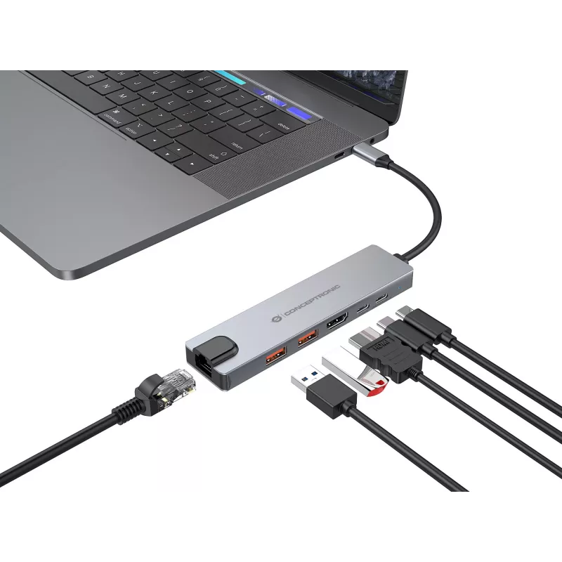 Conceptronic DONN29G 6-in-1 USB 3.2 Gen 2 Dockingstation, 4K60Hz HDMI, USB-A 10Gbps x 2, USB-C 10Gbps, GbE LAN, 140W USB PD 3.1