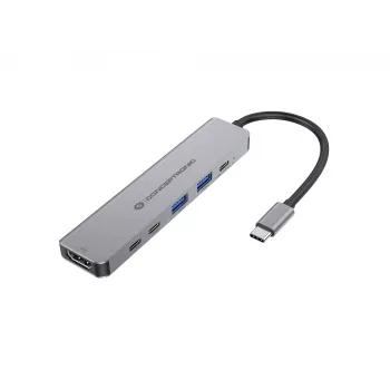 6-in-1 USB 3.2 Gen 1 Dockingstation CONCEPTRONIC DONN33G HDMI, 2×USB-A 5Gbps, 2×USB-C 5Gbps, 100W USB PD, Silber