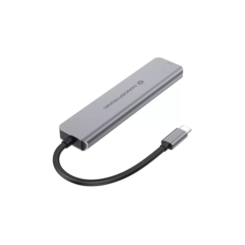 6-in-1 USB 3.2 Gen 1 Dockingstation CONCEPTRONIC DONN33G HDMI, 2×USB-A 5Gbps, 2×USB-C 5Gbps, 100W USB PD, Silber