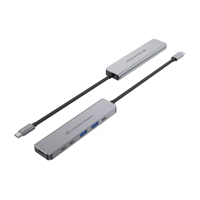 6-in-1 USB 3.2 Gen 1 Dockingstation CONCEPTRONIC DONN33G HDMI, 2×USB-A 5Gbps, 2×USB-C 5Gbps, 100W USB PD, Silber