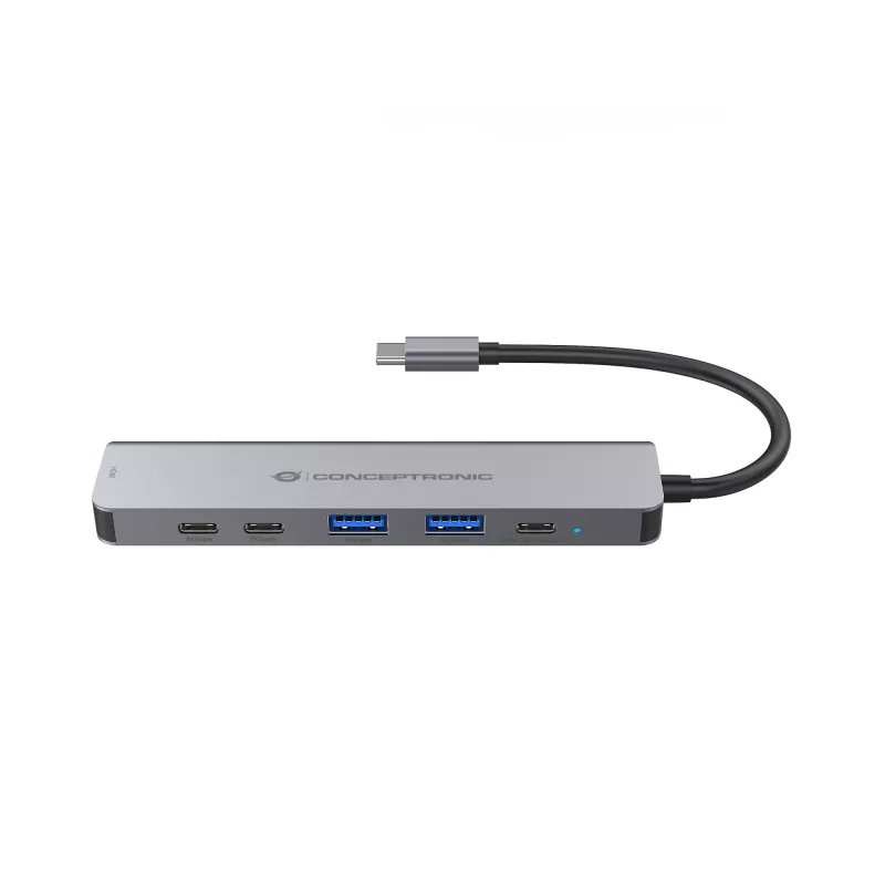 6-in-1 USB 3.2 Gen 1 Dockingstation CONCEPTRONIC DONN33G HDMI, 2×USB-A 5Gbps, 2×USB-C 5Gbps, 100W USB PD, Silber