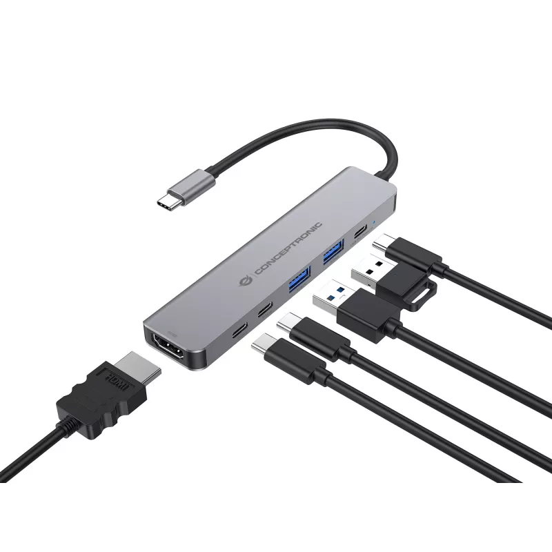 6-in-1 USB 3.2 Gen 1 Dockingstation CONCEPTRONIC DONN33G HDMI, 2×USB-A 5Gbps, 2×USB-C 5Gbps, 100W USB PD, Silber