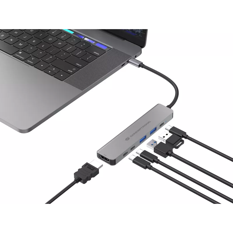 6-in-1 USB 3.2 Gen 1 Dockingstation CONCEPTRONIC DONN33G HDMI, 2×USB-A 5Gbps, 2×USB-C 5Gbps, 100W USB PD, Silber