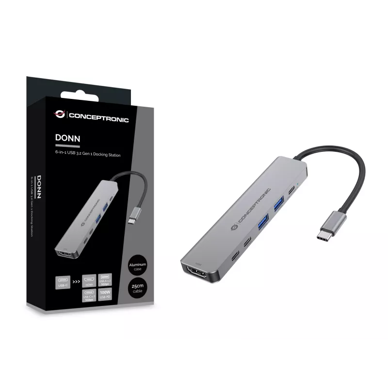 6-in-1 USB 3.2 Gen 1 Dockingstation CONCEPTRONIC DONN33G HDMI, 2×USB-A 5Gbps, 2×USB-C 5Gbps, 100W USB PD, Silber