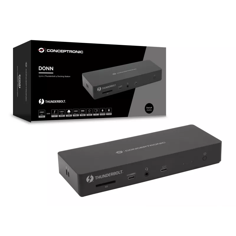 Conceptronic DONN30B 13-in-1 Thunderbolt 4 Docking Station, Kabelgebunden, Thunderbolt 4, 96 W, 3,5 mm, 10,100,1000,2000,2500 Mbit/s, IEEE 802.3bz