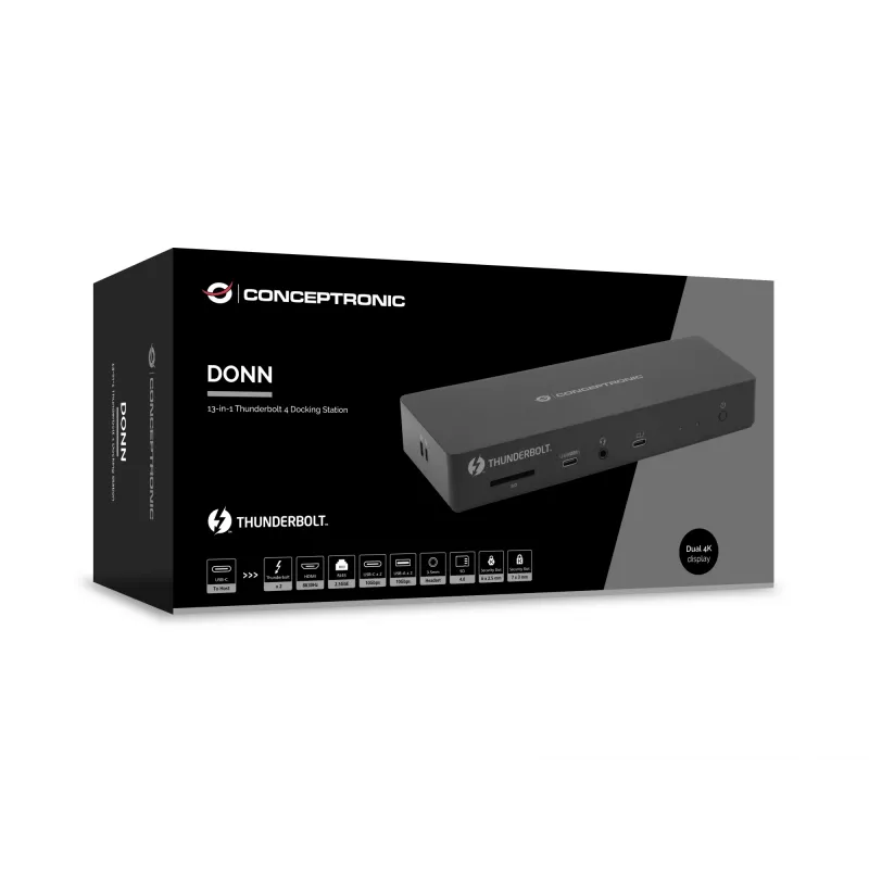 Conceptronic DONN30B 13-in-1 Thunderbolt 4 Docking Station, Kabelgebunden, Thunderbolt 4, 96 W, 3,5 mm, 10,100,1000,2000,2500 Mbit/s, IEEE 802.3bz
