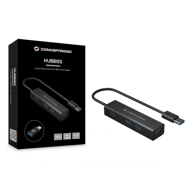 Conceptronic 4-Port USB 3.0 Aluminium Hub mit USB-C zu USB-A Adapter