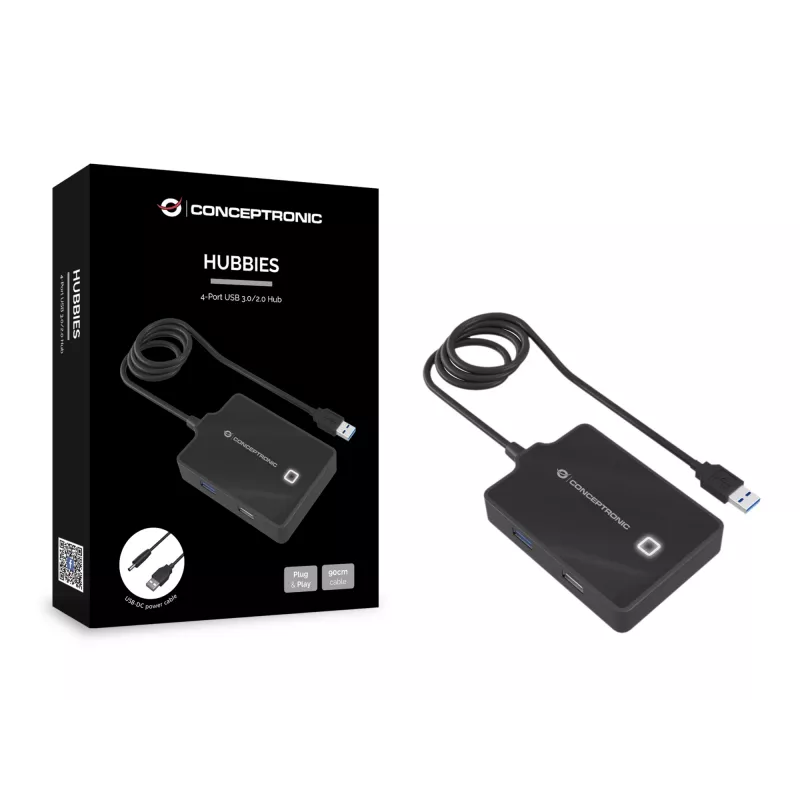 Conceptronic HUBBIES 4-Port USB 3.0/2.0 Hub, 90 cm Kabel, USB 3.2 Gen 1 (3.1 Gen 1) Typ-A, Schwarz, USB 2.0, USB 3.2 Gen 1 (3.1 Gen 1) Typ-A, China, 87 mm, 55 mm