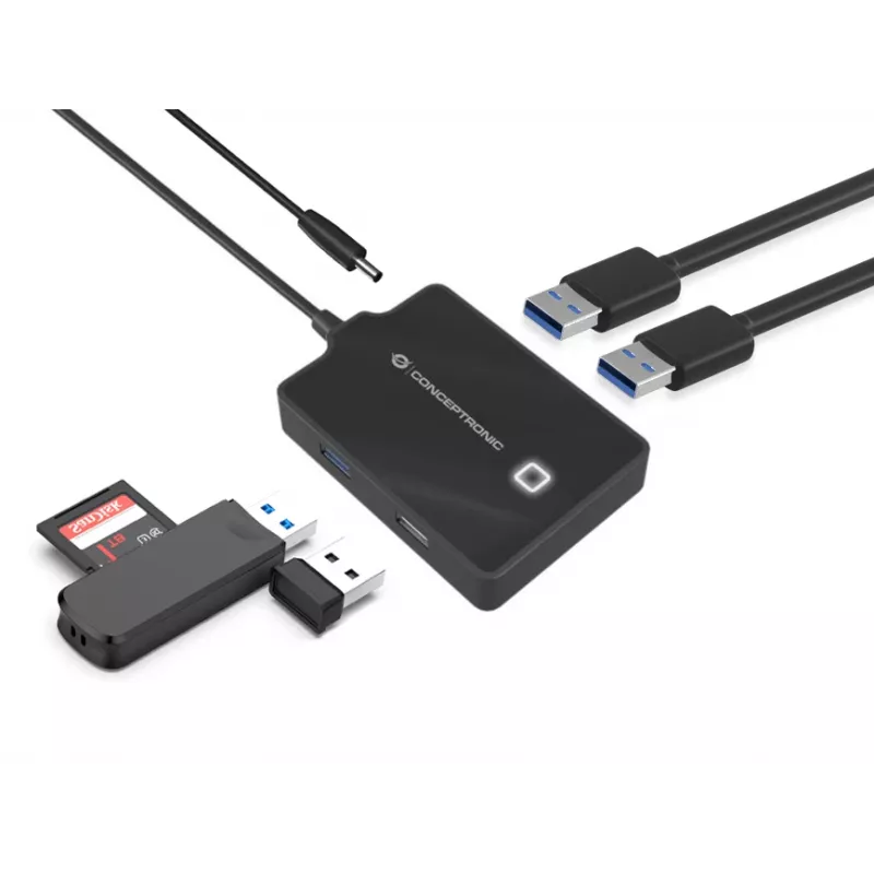 Conceptronic HUBBIES 4-Port USB 3.0/2.0 Hub, 90 cm Kabel, USB 3.2 Gen 1 (3.1 Gen 1) Typ-A, Schwarz, USB 2.0, USB 3.2 Gen 1 (3.1 Gen 1) Typ-A, China, 87 mm, 55 mm