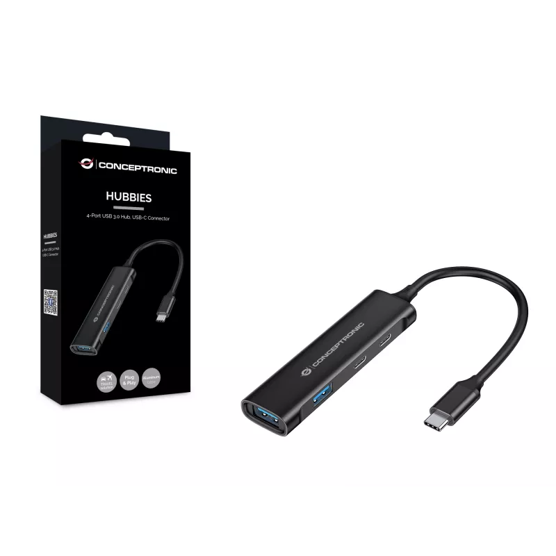 Conceptronic HUBBIES 4-Port USB 3.0 Hub, 2 USB-C- und 2 USB-A-Anschlüsse, Aluminiumgehäuse, USB-C-Stecker