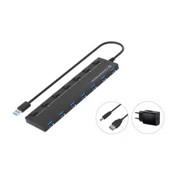 Conceptronic HUBBIES19BP 7-Port USB 3.0 HUB mit Netzteil, 90 cm Kabel, Einzelschalter, USB 3.2 Gen 1