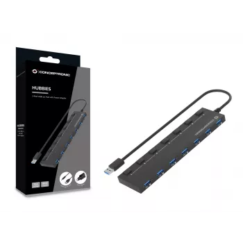 Conceptronic HUBBIES19BP 7-Port USB 3.0 HUB mit Netzteil, 90 cm Kabel, Einzelschalter, USB 3.2 Gen 1