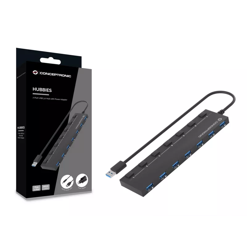 Conceptronic HUBBIES19BP 7-Port USB 3.0 HUB mit Netzteil, 90 cm Kabel, Einzelschalter, USB 3.2 Gen 1