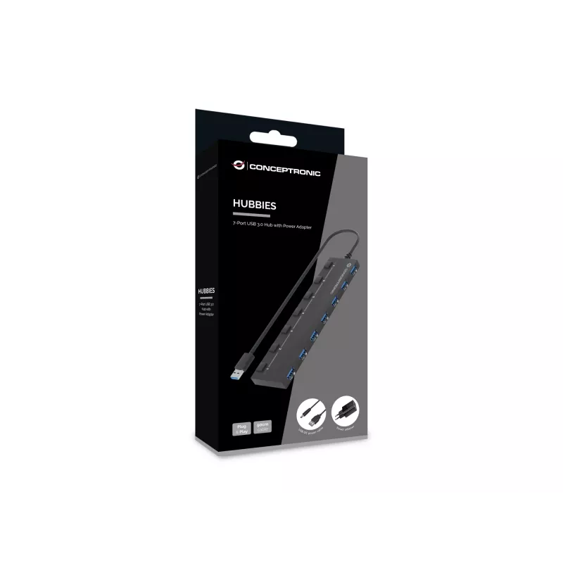 Conceptronic HUBBIES19BP 7-Port USB 3.0 HUB mit Netzteil, 90 cm Kabel, Einzelschalter, USB 3.2 Gen 1