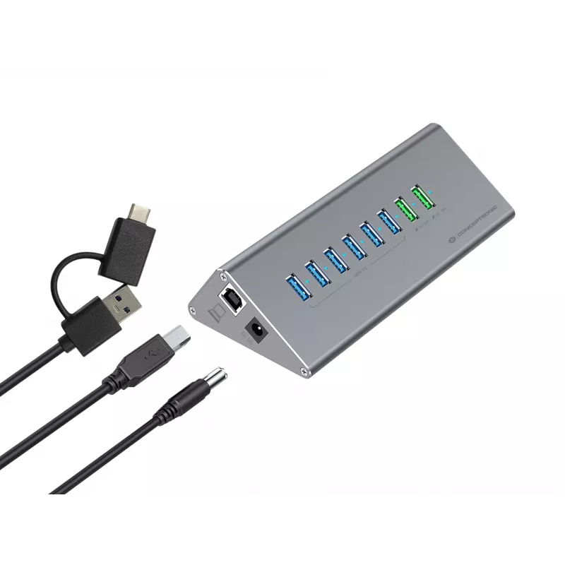 Conceptronic HUBBIES18G 10-in-1 60W USB 3.0 Hub-Charger-Kombination, 2-in-1 USB-C-USB-A-Kabel, USB 3.2 Gen 1