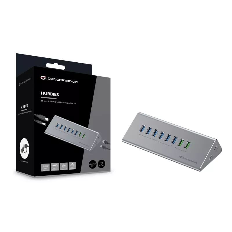 Conceptronic HUBBIES18G 10-in-1 60W USB 3.0 Hub-Charger-Kombination, 2-in-1 USB-C-USB-A-Kabel, USB 3.2 Gen 1