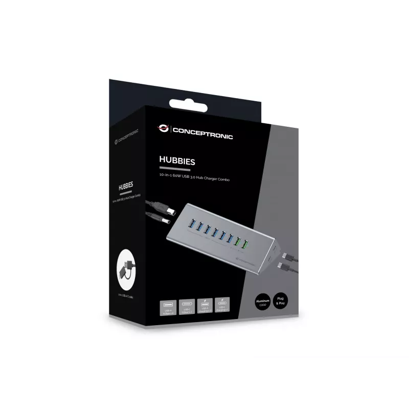 Conceptronic HUBBIES18G 10-in-1 60W USB 3.0 Hub-Charger-Kombination, 2-in-1 USB-C-USB-A-Kabel, USB 3.2 Gen 1