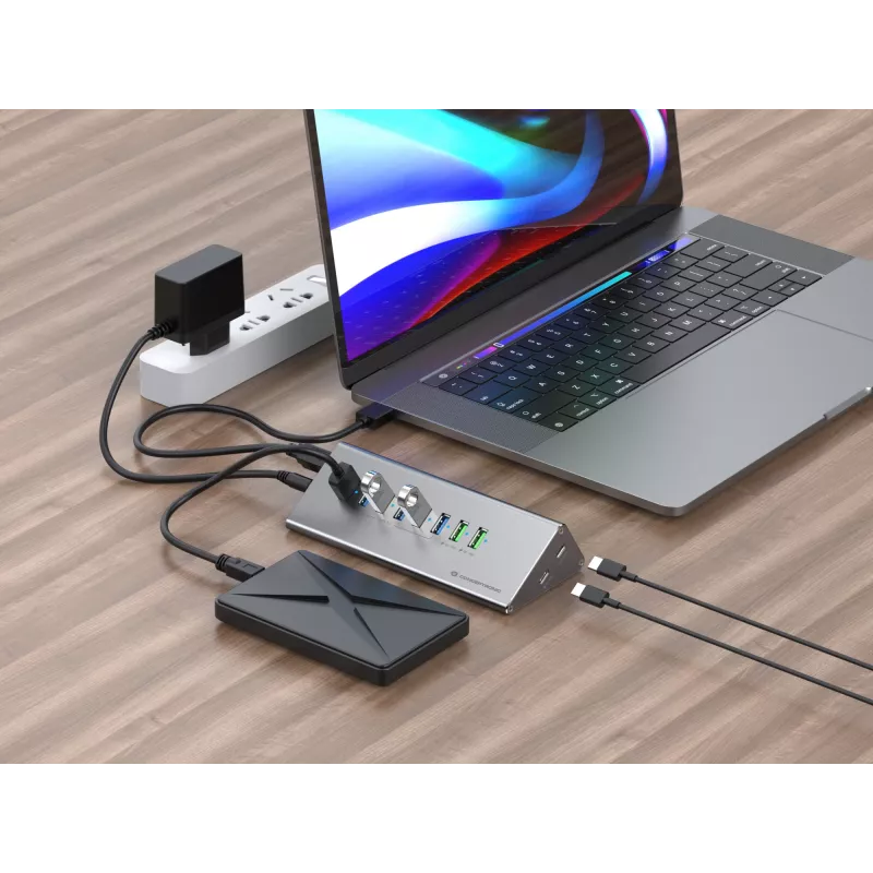 Conceptronic HUBBIES18G 10-in-1 60W USB 3.0 Hub-Charger-Kombination, 2-in-1 USB-C-USB-A-Kabel, USB 3.2 Gen 1