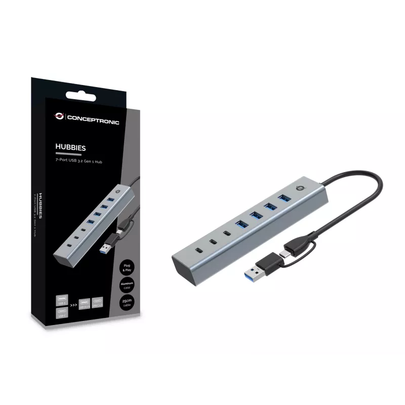 Conceptronic HUBBIES20G 7-Port USB 3.0 Hub, 5 Gbit/s, USB-C x 3, USB-A x 4
